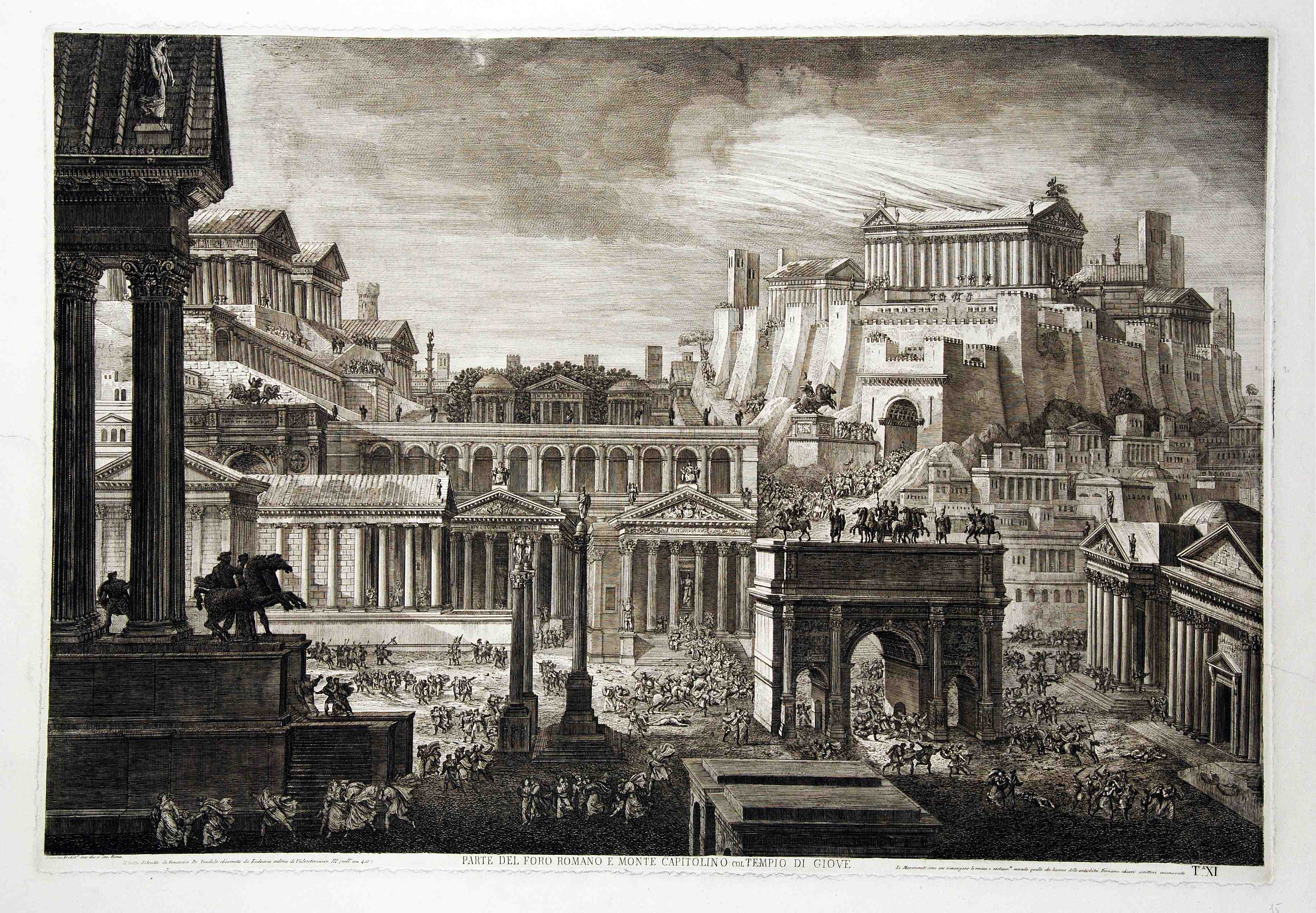 Luigi Rossini, Parte del Foro Romano e Monte Capitolino col Tempio di Giove, 1827-1829, tavola XI della raccolta “I sette colli di Roma antica e moderna”, acquaforte, 56 x 81 cm, Biblioteca di Archeologia e Storia dell’Arte, Fondo Lanciani, Roma XI 186 n. inv. 40528/18