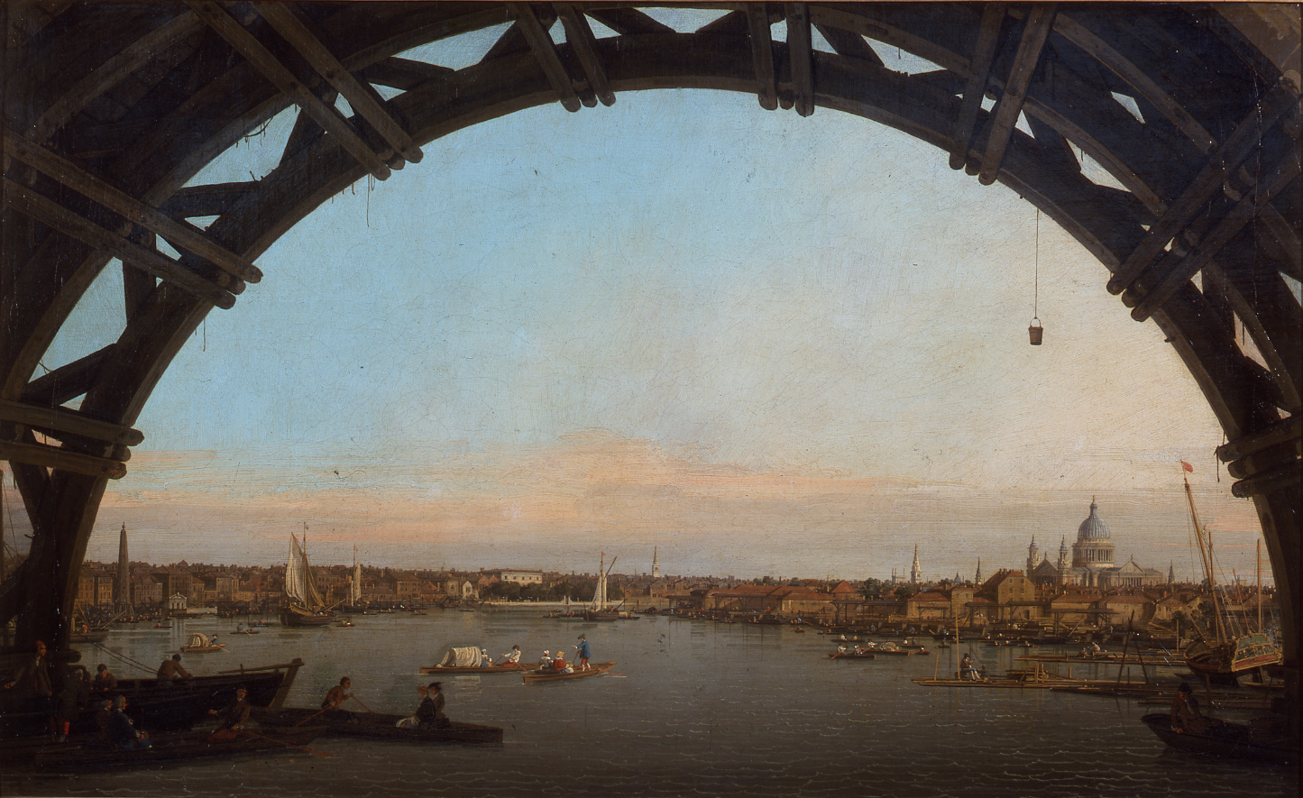 Canaletto - La City di Londra vista attraverso un arco di Westmister Bridge, 1747 olio su tela 59,7 x 97,5 cm. Collection of the Duke of Northumberland, Alnwick Castle