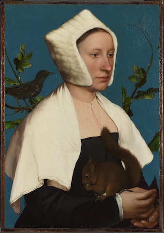  Hans Holbein the Younger (c. 1497-1543), A Lady with a Squirrel and a Starling (Anne Lovell?), c. 1526-8
Oil on oak, 56 x 38.8 cm, loaned by the National Gallery, © The National Gallery, London
Bought with contributions from the National Heritage Memorial Fund and The Art Fund and Mr J. Paul Getty Jnr                  
(through the American Friends of the National Gallery, London), 1992
