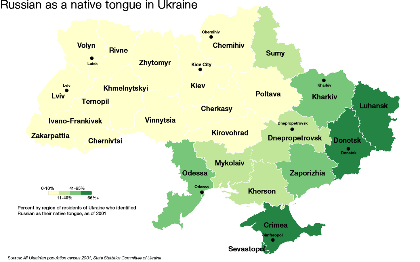 La cartina mostra la percentuale di ucraini che dichiara di parlare russo come prima lingua. Più il colore verde è scuro, più la percentuale è alta. Le tre regioni con la percentuale più alta (Crimea, Donetsk, Luhansk) si sono già dichiarate indipendenti, le altre dell'est Ucraina potrebbero presto seguire il loro esempio.