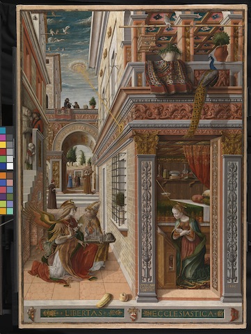 Carlo Crivelli 
The Annunciation, with Saint Emidius, 1486
Egg and oil on canvas
207 x 146.7 cm
Presented by Lord Taunton, 1864
© The National Gallery, London