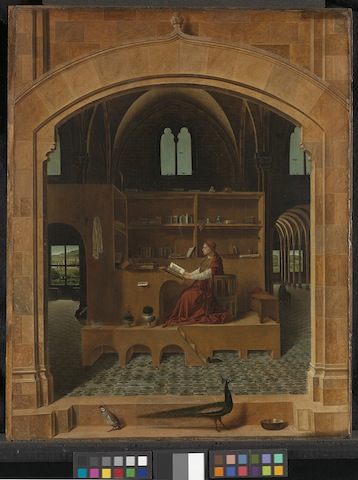 Antonello da Messina 
Saint Jerome in his Study, about 1475
Oil on lime
45.7 x 36.2 cm
Bought, 1894
© The National Gallery, London