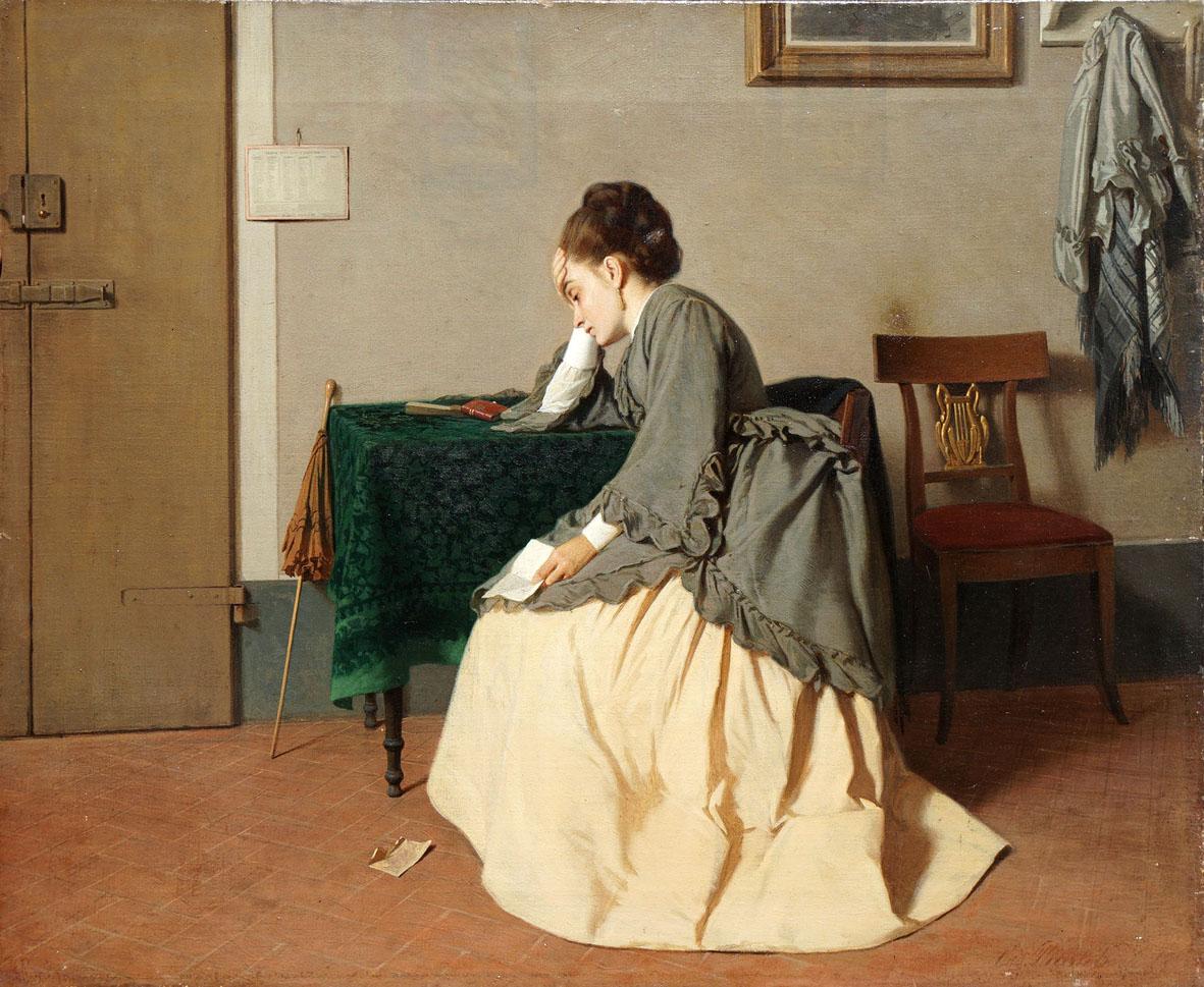 Cesare Bartolena, La cattiva notizia; la lettera, 1869-1871, olio su tela, 36,5 x 44 x 5 cm, collezione privata