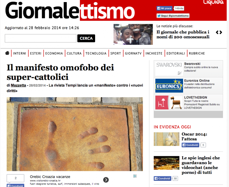 Un sito attacca il nostro manifesto perché siamo «cattolici e bigotti estremisti». Oltre che, ovviamente, «omofobi»