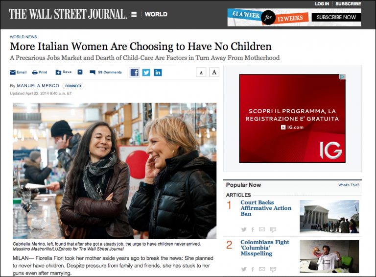 Anche il Wall Street Journal si spaventa: futuro insostenibile per l’Italia che non fa figli
