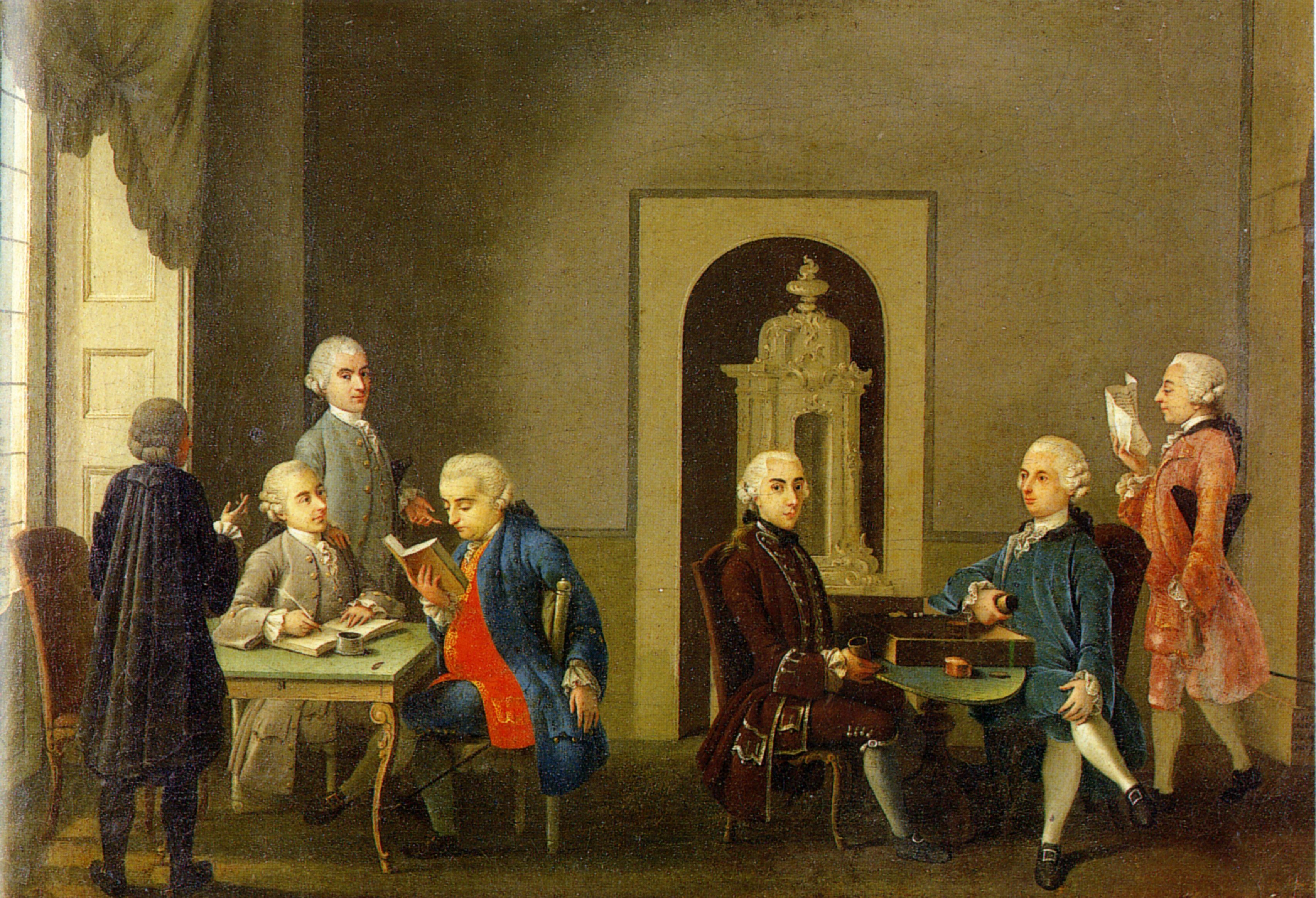 Antonio Perego, L'Accademia dei Pugni, 1766. Milano, collezione Luisa Sormani Andreani Verri (sulla sinistra, Pietro Verri seduto al tavolo con la penna, e Cesare Beccaria, intento a leggere un libro)