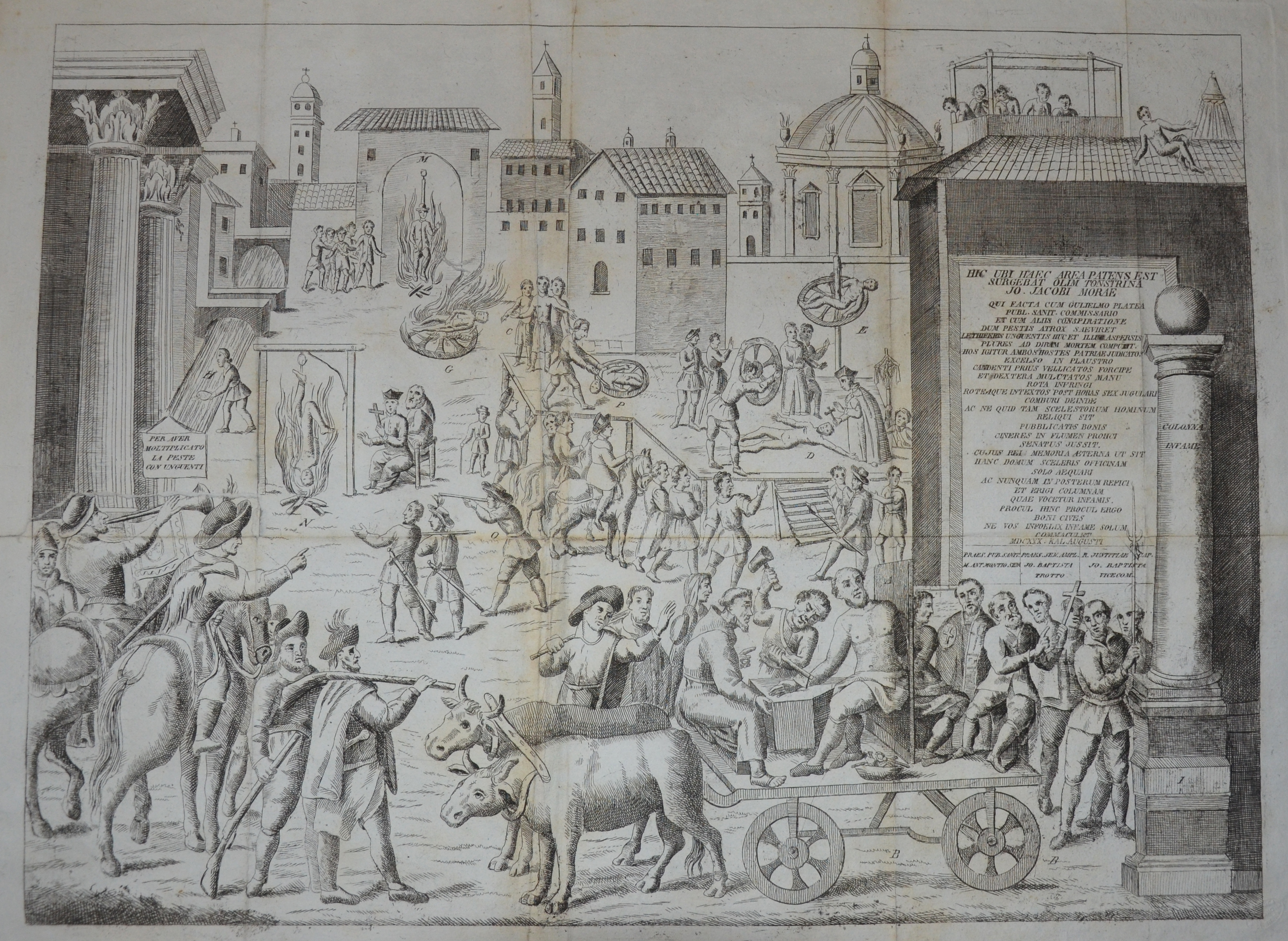 Descrizione della esecuzione di giustizia fatta in Milano contr'alcuni li quali hanno composto e sparso gli unti pestiferi. Cesare da Bassano (1584-1646) da disegno di Francesco Valletto, Milano, 1630. Agnelli forma