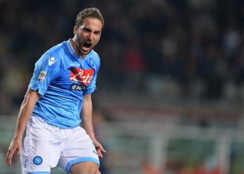 Napoli's Gonzalo Higuain jubilates after scoring the goal during the Italian Serie A soccer match Torino FC vs SSC Napoli at Olimpico stadium in Turin, Italy, 17 March 2014.
ANSA/DI MARCO