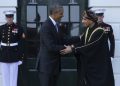 epa04747235 US President Barack Obama (L) welcomes Sayyid Fahad bin Mahmood Al Said (R), Deputy Prime Minister for the Council of Ministers' Affairs of the Sultanate of Oman, at the South Portico of the White House in Washington DC, USA, 13 May 2015. Obama welcomed leaders from Bahrain, Kuwait, Oman, Qatar, Saudi Arabia and the United Arab Emirates for a gathering of Gulf Cooperation Council countries.  EPA/MICHAEL REYNOLDS