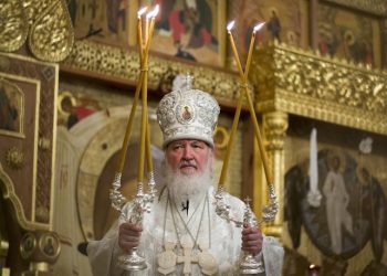 FILE -  In this Monday, Jan.  18, 2016 file photo, Russian Orthodox Church Patriarch Kirill, conducts an Orthodox Epiphany service in Christ The Savior Cathedral in Moscow, Russia. (AP Photo/Alexander Zemlianichenko)