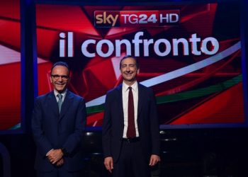 Un fermo immagine del dibattito a SkyTg24 fra i due candidati sindaco che andranno al ballottaggio a Milano, Giuseppe Sala e Stefano Parisi, 8 giugno 2016.  ANSA / US SKY TG24
+++ANSA PROVIDES ACCESS TO THIS HANDOUT PHOTO TO BE USED SOLELY TO ILLUSTRATE NEWS REPORTING OR COMMENTARY ON THE FACTS OR EVENTS DEPICTED IN THIS IMAGE; NO ARCHIVING; NO LICENSING+++