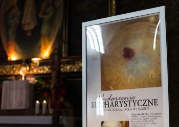 epa05255725 A picture made availbale on 12 April 2016 shows the St. Jack Church in Legnica, Poland, 11 April 2016. On 11 April 2016 the Bishop of Legnica Zbigniew Kiernikowski announced the signs of the Eucharistic miracle that happened at the St. Jack Parish in Legnica during the Holy Communion on 25 December 2013 whena consecrated Host fell to the floor, was picked up and placed in a water-filled container (vasculum). Soon after, stains of red colour appeared and former Legnica bishop Cichy set up a commission to observe the phenomenon. In February 2014, a tiny red fragment of the Host was seperated and put on a corporal. The Commission ordered to take samples in order to conduct a thorough tests by the relevant research institutes. the Department of Forensic Medicine in Szczecin conducted research and announced that in the histopathological image, the fragments of tissue have been found containing the fragmented parts of the cross striated muscle, which is most similar to the heart muscle with alterations that often appear during the agony. The genetic researches indicate the human origin of the tissue. The Congregation for the Doctrine of the Faith in the Vatican advised to expose the host for faithful. The host in a special monstrance will be exposed to public in early June in the St. Jack Parish in Legnica.  EPA/MACIEJ KULCZYNSKI POLAND OUT