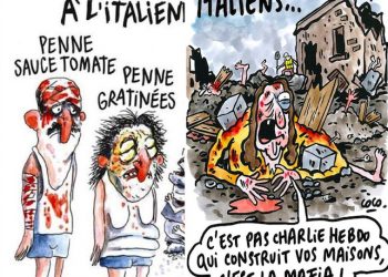 Nella combo le due vignette dedicate al terremoto in Italia pubblicate da Charlie Hebdo, Parigi, 2 Settembre 2016. ajkahnaahan