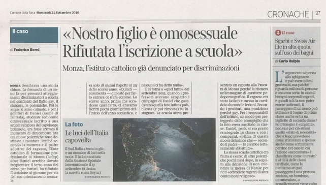 La scuola di Monza: non è stata rifiutata l’iscrizione al ragazzo perché gay