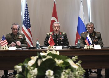 Turkey’s Chief of Staff Gen. Hulusi Akar, center, U.S. Chairman of the Joint Chiefs of Staff  Gen. Joseph Dunford, left, and Russia’s Chief of Staff Gen. Valery Gerasimov attend a meeting in the Mediterranean coastal city of Antalya, Turkey, Tuesday, March 7, 2017. Turkey’s military says the Turkish, U.S. and Russian chiefs of military staff are meeting in southern Turkey to discuss developments in Syria and Iraq. The meeting comes amid renewed Turkish threats to hit U.S.-backed Syrian Kurdish targets in the northern Syrian city of Manbij. (Turkish Military, Pool Photo via AP)
