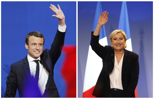 Far-right candidate for the presidential election Marine Le Pen waves at supporters after she delivers a speech during a meeting in Bordeaux, southwestern France, Sunday, April 2, 2017. Polls suggest that Le Pen and independent centrist Emmanuel Macron are the two top contenders in the election. The top two vote-getters on April 23 will compete in a presidential runoff on May 7. (AP Photo/Bob Edme)