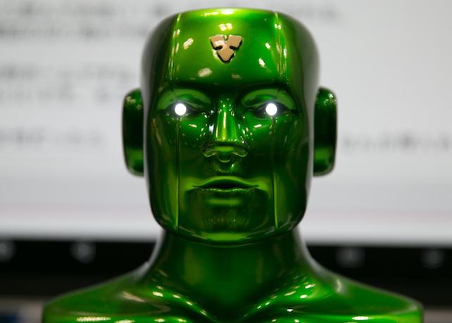 epa06053951 A 'Bartifical Intelligence Carlsdroid' is seen on display during the Artifical Intelligence Exhibition and Conference (AI Expo) in Tokyo, Japan, 28 June 2017. The AI Expo is Japan's first trade show related to artificial intelligence (AI) with 110 exhibiting companies showcasing technologies and services related to AI. The show runs from 28 to 30 June.  EPA/CHRISTOPHER JUE