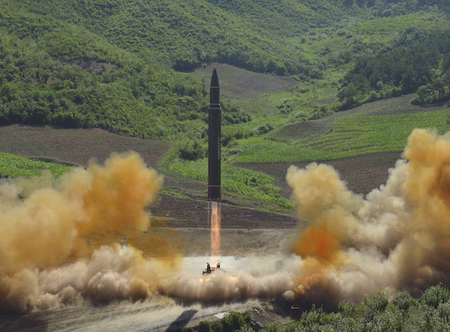 This photo distributed by the North Korean government shows what was said to be the launch of a Hwasong-14 intercontinental ballistic missile, ICBM, in North Korea's northwest, Tuesday, July 4, 2017. Independent journalists were not given access to cover the event depicted in this photo. North Korea claimed to have tested its first intercontinental ballistic missile in a launch Tuesday, a potential game-changing development in its push to militarily challenge Washington — but a declaration that conflicts with earlier South Korean and U.S. assessments that it had an intermediate range. (Korean Central News Agency/Korea News Service via AP)