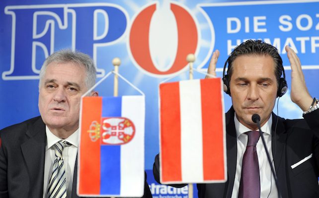 The head of the Serbian Progressive Party (SNS), Tomislav Nikolic (left) and the head of Austrias right wing Freedom Party (FPOE), Heinz Christian Strache during a press conference on 15. June 2011 in Vienna, Austria.  EPA/ROLAND SCHLAGER