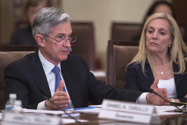 epa05288805 Governors of the Federal Reserve Jerome Powell (L) and Lael Brainard (R) participate in a meeting 'to discuss a proposed rule to establish the Net Stable Funding Ratio, as well as a proposed rule establishing restrictions on qualified financial contracts of systemically important banking organizations.'  at the Federal Reserve in Washington, DC, USA, 03 May 2016.  EPA/SHAWN THEW