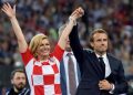 epa06891774 Crotian President Kolinda Grabar-Kitarovic (L) and French President Emmanuel Macron arrive for the award ceremony after the FIFA World Cup 2018 final between France and Croatia in Moscow, Russia, 15 July 2018. France won 4-2. 

(RESTRICTIONS APPLY: Editorial Use Only, not used in association with any commercial entity - Images must not be used in any form of alert service or push service of any kind including via mobile alert services, downloads to mobile devices or MMS messaging - Images must appear as still images and must not emulate match action video footage - No alteration is made to, and no text or image is superimposed over, any published image which: (a) intentionally obscures or removes a sponsor identification image; or (b) adds or overlays the commercial identification of any third party which is not officially associated with the FIFA World Cup)  EPA/PETER POWELL   EDITORIAL USE ONLY