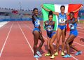 Raphaela Lukudo, Maria Benedicta Chigbolu, Libania Grenot e Ayomide Folorunso, le quattro ragazze italiane che hanno vinto l'oro nella staffetta 4x400 ai Giochi del mediterraneo, Tarragona, 30 giugno 2018. ANSA/ SIMONE FERRARO