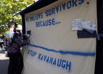 epa07052429 Students display a banner in support of survivors of sexual abuse and conduct on the campus of University of California Berkeley in Berkeley, California, USA, 27 September 2018 as coverage of the testimony by Christine Blasey Ford resumes before the Senate Judiciary Committee hearing on the nomination of Brett Kavanaugh to be an associate justice of the Supreme Court of the United States. US President Donald J. Trump's nominee to be a US Supreme Court associate justice Brett Kavanaugh is in a tumultuous confirmation process as multiple women have accused Kavanaugh of sexual misconduct.  EPA/JOHN G. MABANGLO