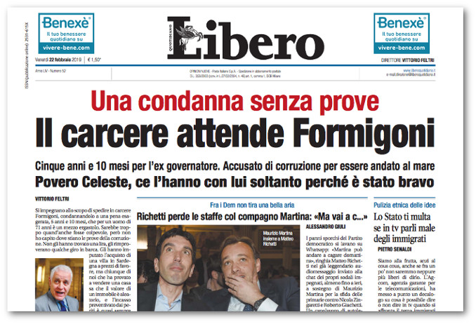 La prima pagina di Libero sulla condanna di Formigoni