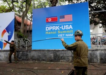 epa07389742 Workers conduct repair work outside the summit's international media center in Hanoi, Vietnam, 23 February 2019. The second summit between US President Donald J. Trump and North Korean leader Kim Jong-un will take place in Hanoi on 27 and 28 February 2019.  EPA/LUONG THAI LINH