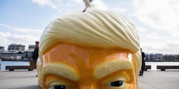 Una installazione che riproduce il volto (a metà) di Donald Trump