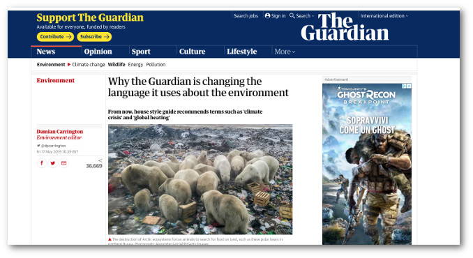 La pagina del Guardian sulle nuove linee guida per parlare di global warming
