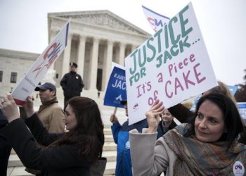 epa06369214 Protesters rally against Masterpiece Cakeshop owner Jack Phillips outside the Supreme Court in Washington DC, USA, 05 December 2017. In one of its most anticipated cases of the term, the Supreme Court started hearing oral arguments on whether the First Amendment protects a Colorado baker from creating a wedding cake for a same sex couple due to his religious beliefs. In 20152 a gay couple in Colorado asked Masterpiece Cakeshop to make them a wedding cake and the owner Jack Phillips refused because it was against his religious beliefs.  EPA/SHAWN THEW