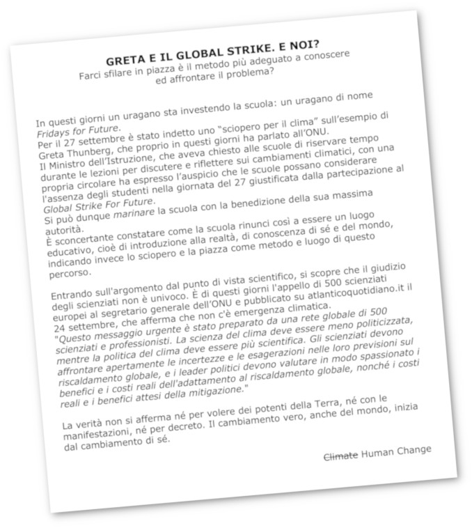 Il volantino di studenti e prof di Ferrara sullo sciopero scolastico per il clima