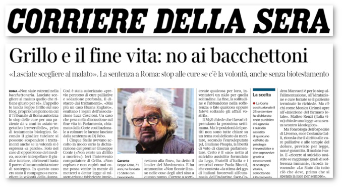 Grillo, il Corriere e il fine vita. Autodeterminazione un corno