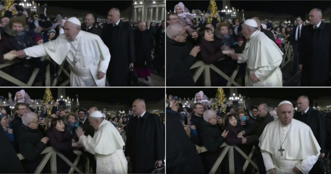 Papa Francesco strattonato da una fedele in piazza San Pietro