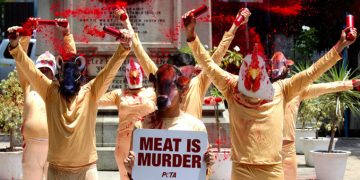 Manifestazione per il veganesimo contro la carne
