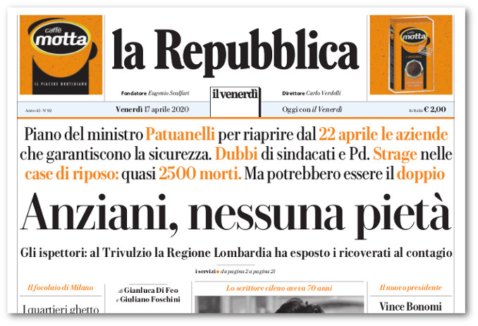 La prima pagina di Repubblica del 18 aprile con il titolo sulla Lombardia "senza pietà" verso gli anziani