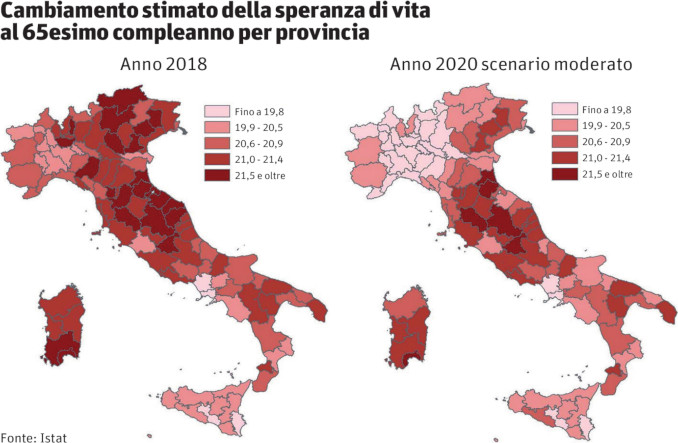 Grafico: Cambiamento stimato della speranza di vita in Italia dopo il coronavirus