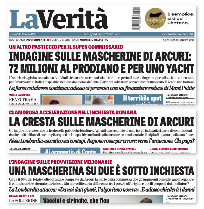 Titoli di prima pagina della Verità sul caso mascherine acquistate da Arcuri