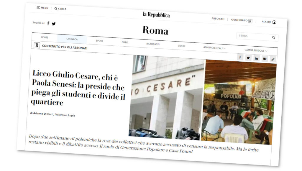 Titolo di Repubblica contro la preside del Liceo Giulio Cesare di Roma, Paola Senesi