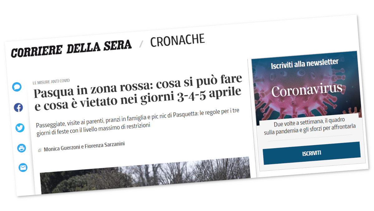 Titolo del sito del Corriere della Sera su cosa si può fare a Pasqua in zona rossa