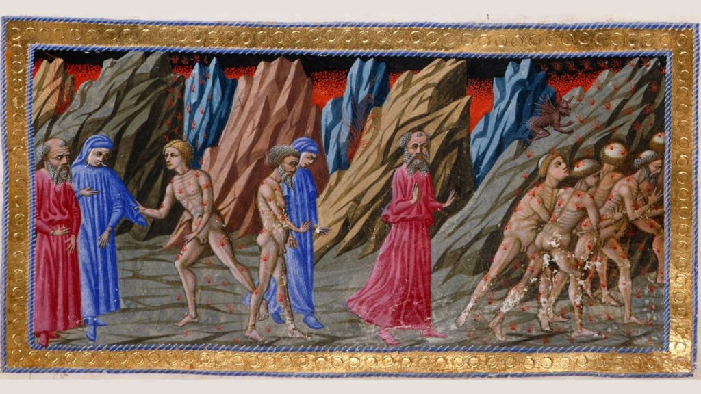 Dante Alighieri e Brunetto Latini in una miniatura medievale