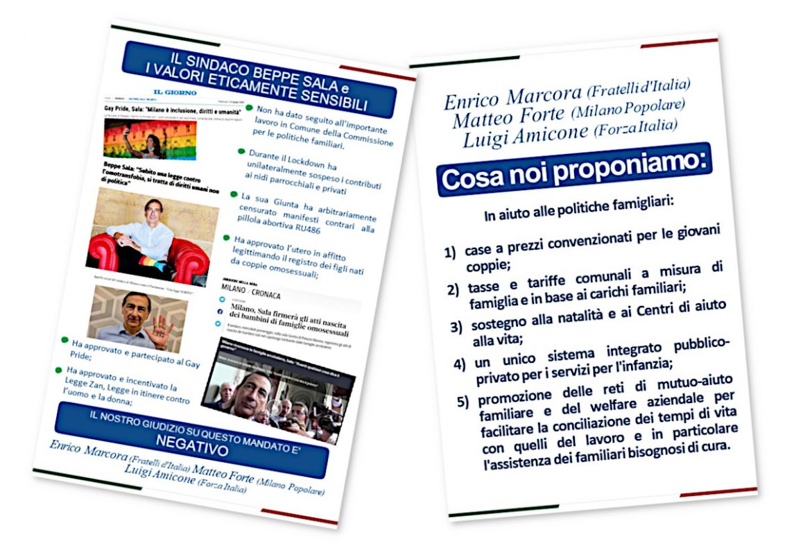 Il volantino di Amicone, Forte e Marcora a favore di politiche pro famiglia in vista delle elezioni 2021 a Milano