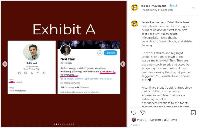 Il profilo Twitter di Neil Thin sul profilo Instagram degli antirazzisti di BlackEd