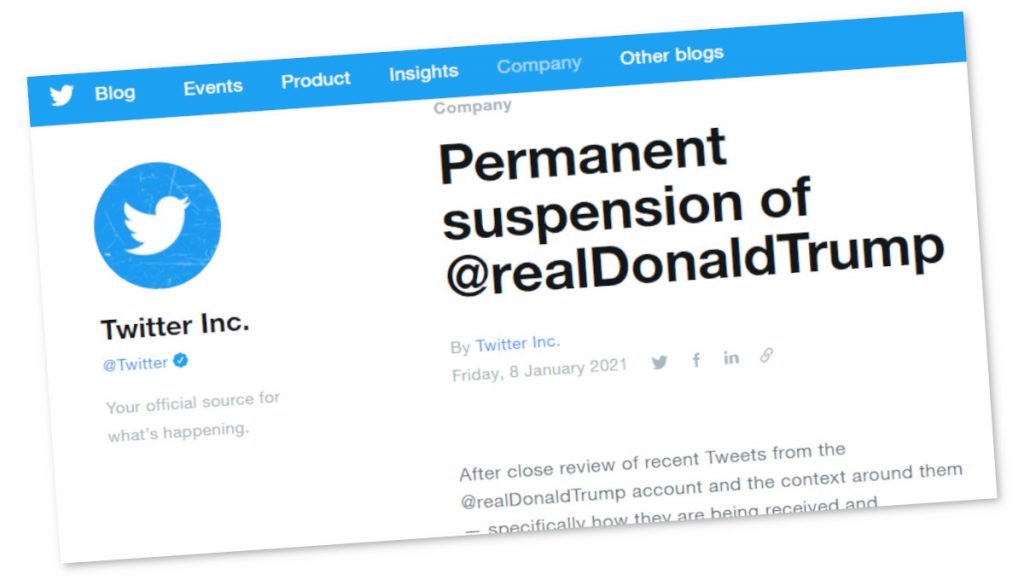 Annuncio della sospensione permanente del profilo di Trump da parte di Twitter