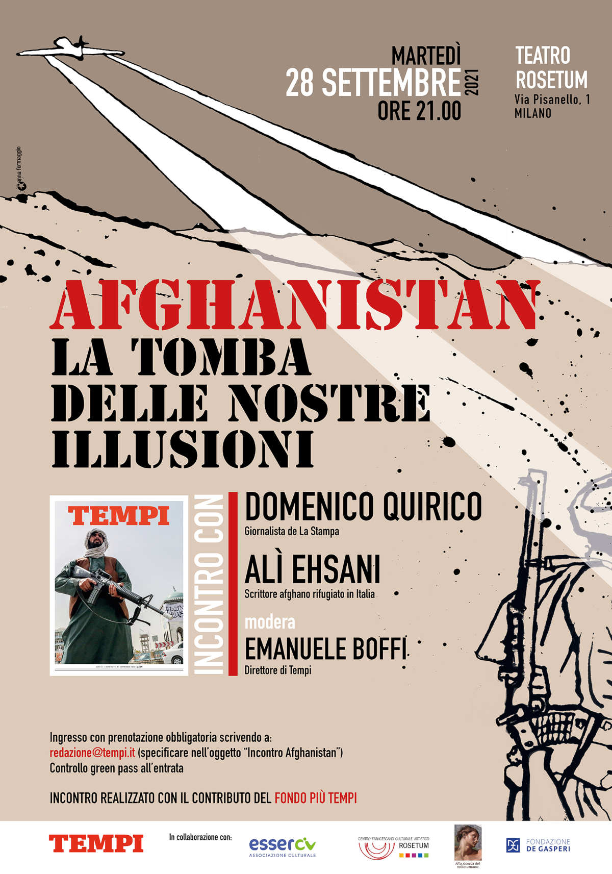 La locandina dell'incontro di Tempi sull'Afghanistan con Domenico Quirico e Alì Ehsani