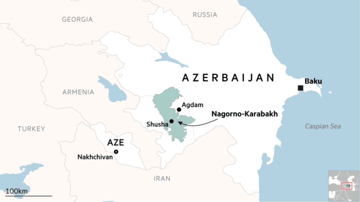 La mappa della divisione del Nagorno-Karabakh dopo la guerra tra Armenia e Azerbaigian del 2020