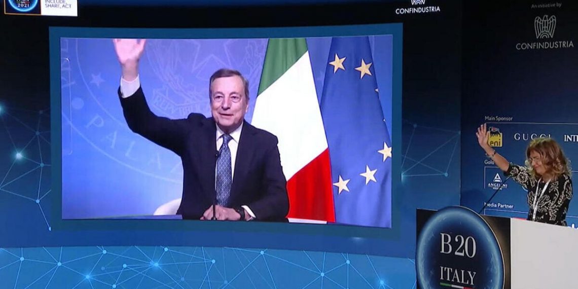 Il premier Mario Draghi in videocollegamento al Summit B20