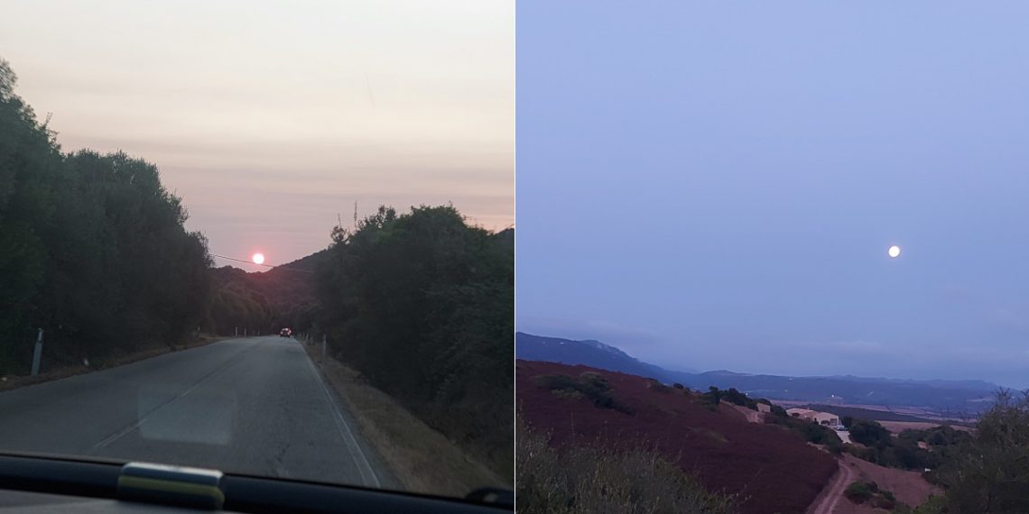 Sole all'alba e tramonto della luna in Sardegna