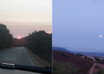 Sole all'alba e tramonto della luna in Sardegna